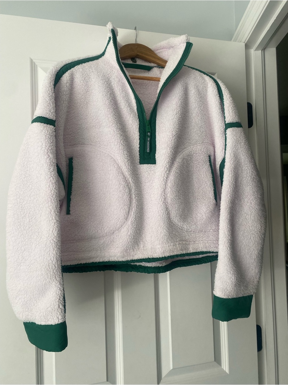 Free People  Pink Sherpa Zip-Up Jacket with Green Trim